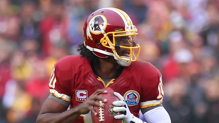December 9, 2012; Landover, MD, USA; Washington Redskins quarterback Robert Griffin III (10) prepares to throw the ball against the Baltimore Ravens at FedEx Field. Mandatory Credit: Geoff Burke-Imagn Images December 9, 2012; Landover, MD, USA; Washington Redskins quarterback Robert Griffin III (10) prepares to throw the ball against the Baltimore Ravens at FedEx Field. Mandatory Credit: Geoff Burke-Imagn Images