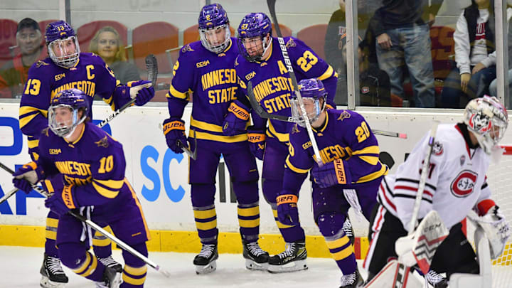 Minnesota State players celebrate a goal by David Silye during the first period of the game Saturday, Oct. 22, 2022, at the Herb Brooks National Hockey Center in St. Cloud.