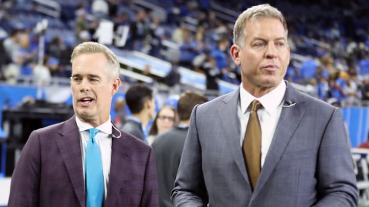 ESPN/ABC Monday Night Football commentators Joe Buck, left, and Troy Aikman before the Detroit Lions vs. Las Vegas Raiders game at Ford Field, Monday, Oct. 30, 2023. ESPN/ABC Monday Night Football commentators Joe Buck, left, and Troy Aikman before the Detroit Lions vs. Las Vegas Raiders game at Ford Field, Monday, Oct. 30, 2023.