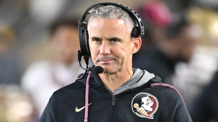Nov 9, 2024; South Bend, Indiana, USA; Florida State Seminoles head coach Mike Norvell watches in the third quarter against the Notre Dame Fighting Irish at Notre Dame Stadium. Mandatory Credit: Matt Cashore-Imagn Images