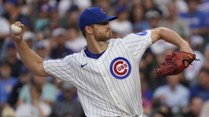 Aug 4, 2025; Chicago, Illinois, USA; Chicago Cubs pitcher Michael Soroka (41) throws the ball against the Cincinnati Reds during the first inning at Wrigley Field. 