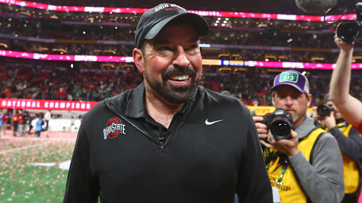 Jan 20, 2025; Atlanta, GA, USA; Ohio State Buckeyes head coach Ryan Day celebrates after winning the CFP National Championship college football game at Mercedes-Benz Stadium. Mandatory Credit: Mark J. Rebilas-Imagn Images Jan 20, 2025; Atlanta, GA, USA; Ohio State Buckeyes head coach Ryan Day celebrates after winning the CFP National Championship college football game at Mercedes-Benz Stadium. Mandatory Credit: Mark J. Rebilas-Imagn Images