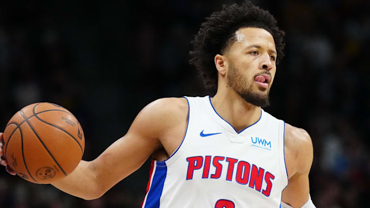 Jan 7, 2024; Denver, Colorado, USA; Detroit Pistons guard Cade Cunningham (2) controls the ball during the first quarter against the Denver Nuggets at Ball Arena. Mandatory Credit: Ron Chenoy-Imagn Images