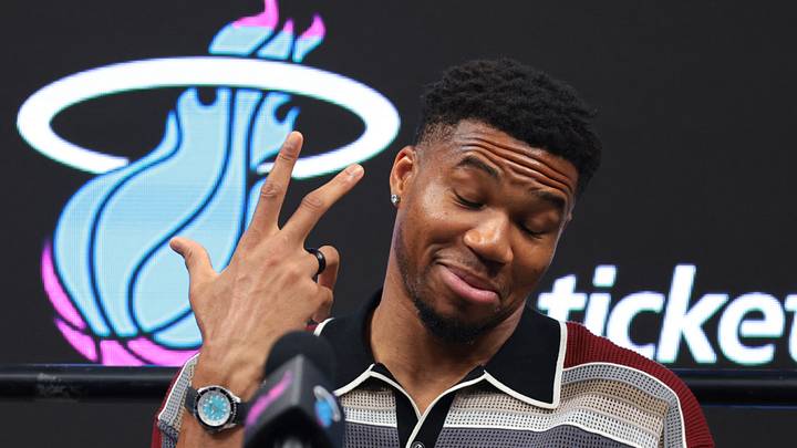 Jul 16, 2026; Miami, FL, USA; Miami Heat forward Giannis Antetokounmpo (7) reacts during his introductory press conference at Kaseya Center. Mandatory Credit: Sam Navarro-Imagn Images Jul 16, 2026; Miami, FL, USA; Miami Heat forward Giannis Antetokounmpo (7) reacts during his introductory press conference at Kaseya Center. Mandatory Credit: Sam Navarro-Imagn Images