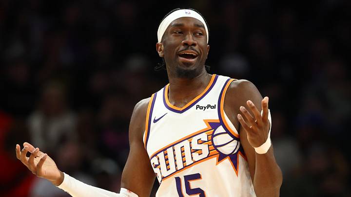 Feb 5, 2026; Phoenix, Arizona, USA; Phoenix Suns center Mark Williams (15) reacts against the Golden State Warriors in the first half at Mortgage Matchup Center. Mandatory Credit: Mark J. Rebilas-Imagn Images