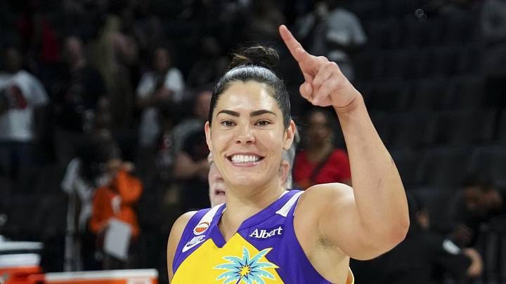 May 23, 2026; Las Vegas, Nevada, USA;  Los Angeles Sparks guard Kelsey Plum (10) gestures towards the sidelines after defeating the Las Vegas Aces at Michelob Ultra Arena. Mandatory Credit: Candice Ward-Imagn Images