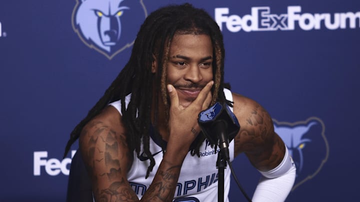 Sep 29, 2025; Memphis, TN, USA; Memphis Grizzlies guard Ja Morant speaks to media during a press conference on media day at FedEx Forum. Sep 29, 2025; Memphis, TN, USA; Memphis Grizzlies guard Ja Morant speaks to media during a press conference on media day at FedEx Forum.