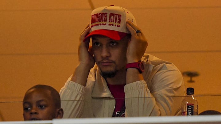 Dec 25, 2025; Kansas City, Missouri, USA; Patrick Mahomes watches the action from a suite during the third quarter at GEHA Field at Arrowhead Stadium. Mandatory Credit: Jay Biggerstaff-Imagn Images