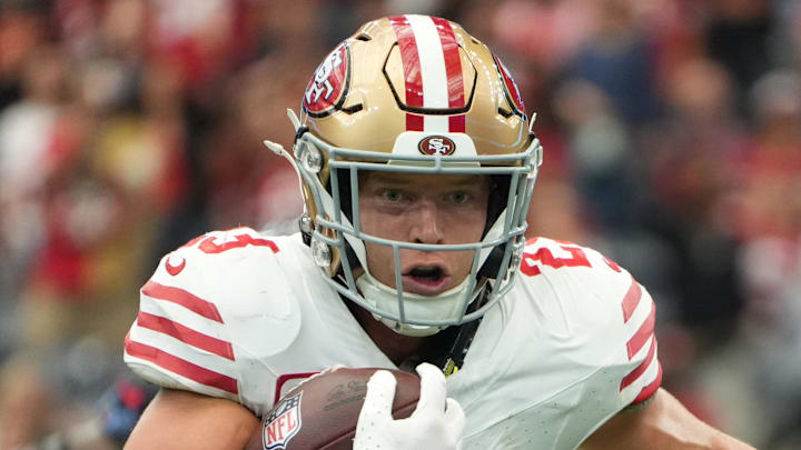 Oct 26, 2025; Houston, Texas, USA; San Francisco 49ers running back Christian McCaffrey (23) runs for a gain during the second half against the Houston Texans at NRG Stadium. Oct 26, 2025; Houston, Texas, USA; San Francisco 49ers running back Christian McCaffrey (23) runs for a gain during the second half against the Houston Texans at NRG Stadium.