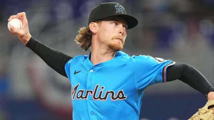 Mar 30, 2025; Miami, Florida, USA;  Miami Marlins pitcher Max Meyer (23) pitches in the first inning against the Pittsburgh Pirates at loanDepot Park. Mandatory Credit: Jim Rassol-Imagn Images
