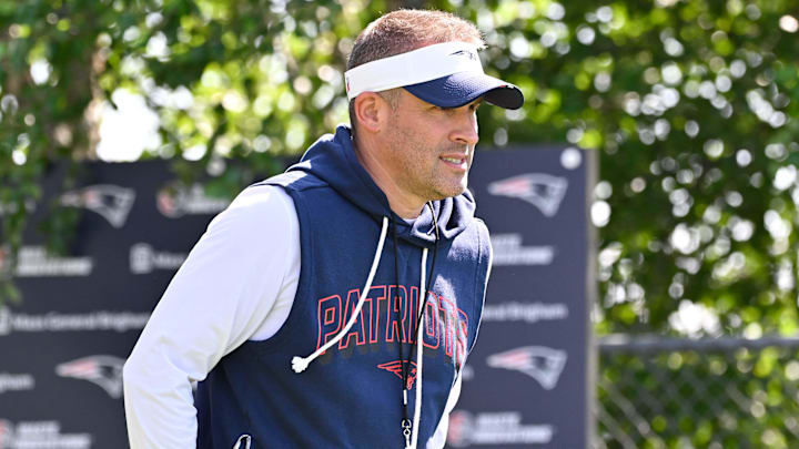 Jul 28, 2025; Foxborough, MA, USA; New England Patriots offensive coordinator Josh McDaniels heads to the practice fields for training camp at Gillette Stadium. Mandatory Credit: Eric Canha-Imagn Images
