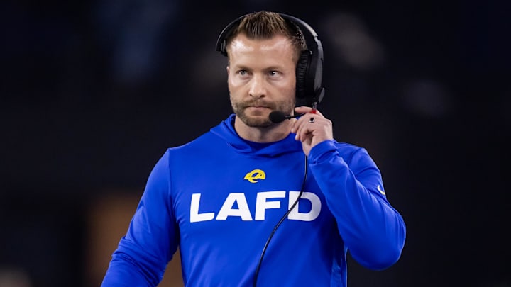 Jan 13, 2025; Glendale, AZ, USA; Los Angeles Rams head coach Sean McVay against the Minnesota Vikings during an NFC wild card game at State Farm Stadium. Mandatory Credit: Mark J. Rebilas-Imagn Images