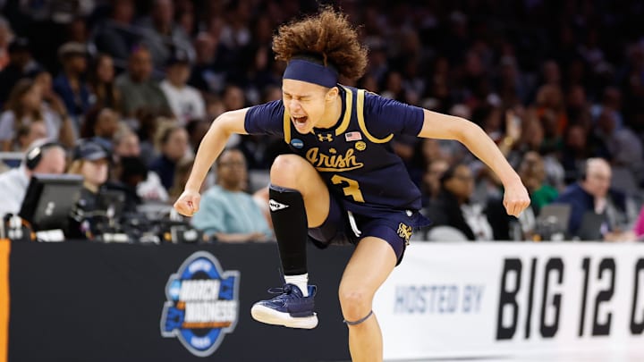 Mar 29, 2026; Fort Worth, TX, USA; Notre Dame Fighting Irish guard Hannah Hidalgo (3) reacts after a play against the UConn Huskies during the first half at Dickies Arena. Mandatory Credit: Chris Jones-Imagn Images