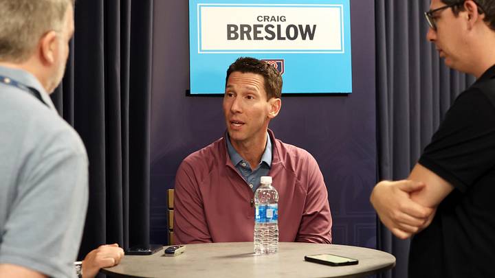 Feb 15, 2024; Tampa, FL, USA; Boston Red Sox chief baseball officer Craig Breslow talks with media at George M. Steinbrenner Field. Mandatory Credit: Kim Klement Neitzel-Imagn Images