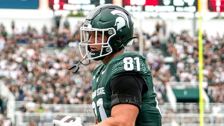 Michigan State's Michael Masunas catches a touchdown pass against Youngstown State during the third quarter on Saturday, Sept. 13, 2025, at Spartan Stadium in East Lansing.