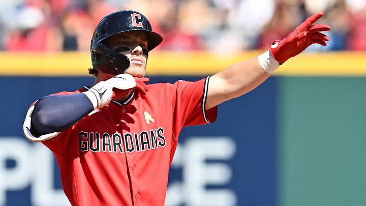 Sep 6, 2026; Cleveland, Ohio, USA; Cleveland Guardians second baseman Travis Bazzana (37) celebrates after hitting an RBI double during the first inning against the Detroit Tigers at Progressive Field. Mandatory Credit: Ken Blaze-Imagn Images Sep 6, 2026; Cleveland, Ohio, USA; Cleveland Guardians second baseman Travis Bazzana (37) celebrates after hitting an RBI double during the first inning against the Detroit Tigers at Progressive Field. Mandatory Credit: Ken Blaze-Imagn Images
