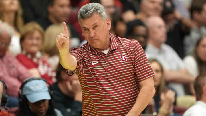 Feb 28, 2026; Stanford, California, USA; Stanford Cardinal head coach Kyle Smith gestures during the first half against the Southern Methodist University Mustangs at Maples Pavilion. Mandatory Credit: Darren Yamashita-Imagn Images