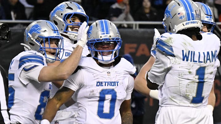 Detroit Lions running back Jahmyr Gibbs (0) celebrates with teammates after scoring a touchdown against Bears Detroit Lions running back Jahmyr Gibbs (0) celebrates with teammates after scoring a touchdown against Bears