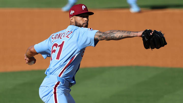 Oct 9, 2025; Los Angeles, California, USA; Philadelphia Phillies pitcher Cristopher Sanchez (61) throws in the second inning against the Los Angeles Dodgers during game four of the NLDS round for the 2025 MLB playoffs at Dodger Stadium. 