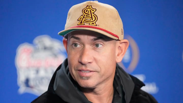 Arizona State offensive coordinator Marcus Arroyo answers questions during media day for the Chick-fil-A Peach Bowl in Atlanta on Monday, Dec. 30, 2024.