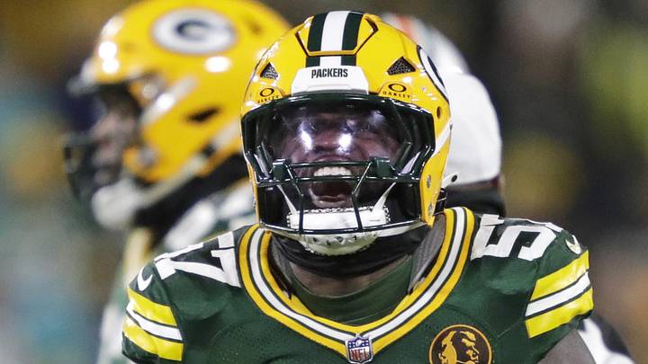 Green Bay Packers edge player Brenton Cox reacts after a sack against Miami.