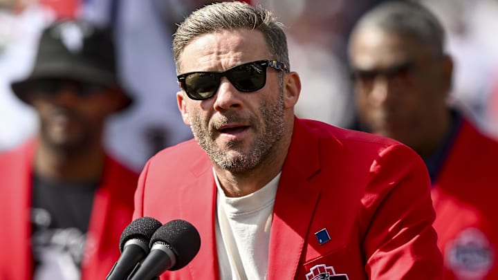 Sep 21, 2025; Foxborough, Massachusetts, USA; Former New England Patriots wide receiver Julian Edelman during halftime at Gillette Stadium. Mandatory Credit: Brian Fluharty-Imagn Images