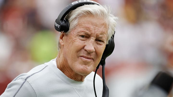 Sep 21, 2025; Landover, Maryland, USA; The Las Vegas Raiders head coach Pete Carroll looks on from the sidelines during the first half against the Washington Commanders at Northwest Stadium. Mandatory Credit: Amber Searls-Imagn Images