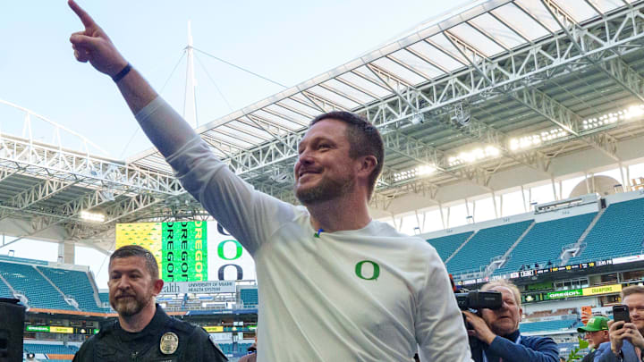 Oregon head coach Dan Lanning walks off the field as the Oregon Ducks take on the Texas Tech Red Raiders in the Orange Bowl on Jan. 1, 2026, at Hard Rock Stadium in Miami, Florida.