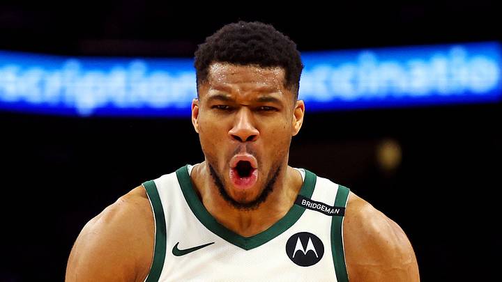 Milwaukee Bucks forward Giannis Antetokounmpo (34) reacts after a play during the second quarter against the Phoenix Suns at Footprint Center on March 24, 2025.