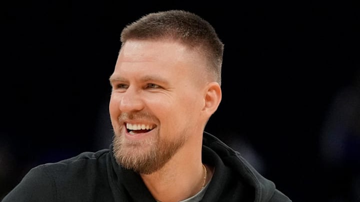 Apr 5, 2026; San Francisco, California, USA; Golden State Warriors forward Kristaps Porzingis (7) stands on the court before the start of the game against the Houston Rockets at the Chase Center. Mandatory Credit: Cary Edmondson-Imagn Images