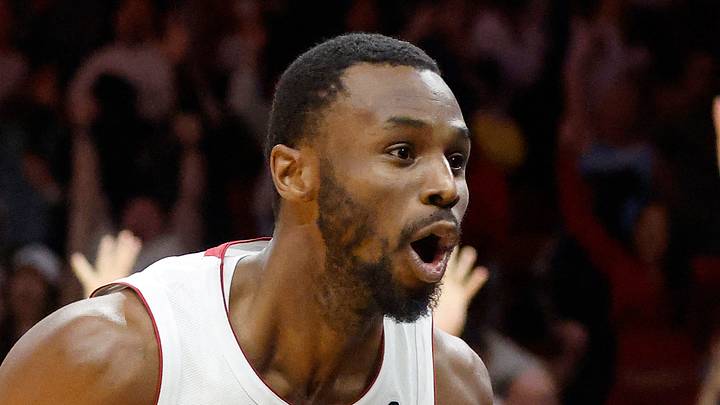 Nov 10, 2025; Miami, Florida, USA;  Miami Heat forward Andrew Wiggins (22) reacts after he dunks to win the game against the Cleveland Cavaliers during overtime at Kaseya Center. Mandatory Credit: Rhona Wise-Imagn Images