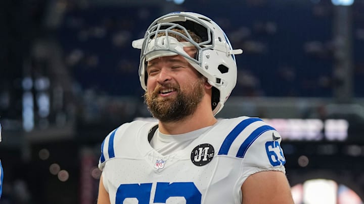 Indianapolis Colts center Danny Pinter (63) stands with Indianapolis Colts center Tanor Bortolini (60) and Indianapolis Colts guard Dalton Tucker (68) on Sunday, Sept. 14, 2025, ahead of the game against the Denver Broncos at Lucas Oil Stadium in Indianapolis.