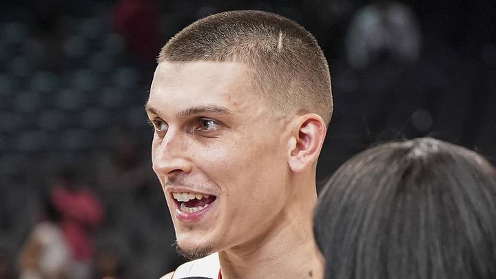 Apr 18, 2025; Atlanta, Georgia, USA; Miami Heat guard Tyler Herro (14) is interviewed after the Heat defeated the Atlanta Hawks in overtime at State Farm Arena. Mandatory Credit: Dale Zanine-Imagn Images