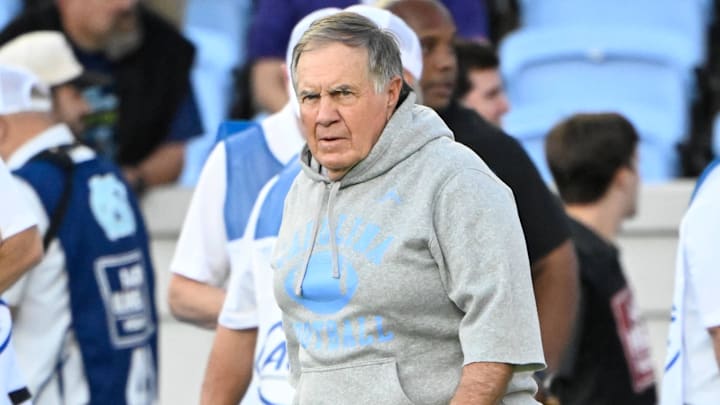 Sep 1, 2025; Chapel Hill, North Carolina, USA;  North Carolina Tar Heels head coach Bill Belichick on the field before the game at Kenan Stadium. Mandatory Credit: Bob Donnan-Imagn Images