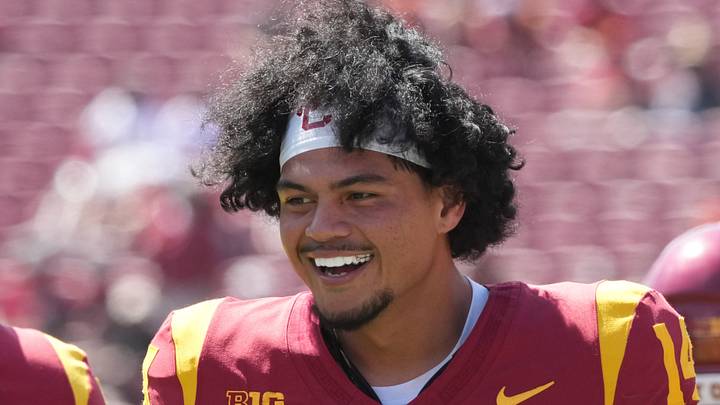 Aug 29, 2026; Los Angeles, California, USA; Southern California Trojans quarterback Jayden Maiava (14) and linebacker Taylor Johnson (50) react in the second half against the San Jose State Spartans at United Airlines Field at Los Angeles Memorial Coliseum. Mandatory Credit: Kirby Lee-Imagn Images Aug 29, 2026; Los Angeles, California, USA; Southern California Trojans quarterback Jayden Maiava (14) and linebacker Taylor Johnson (50) react in the second half against the San Jose State Spartans at United Airlines Field at Los Angeles Memorial Coliseum. Mandatory Credit: Kirby Lee-Imagn Images