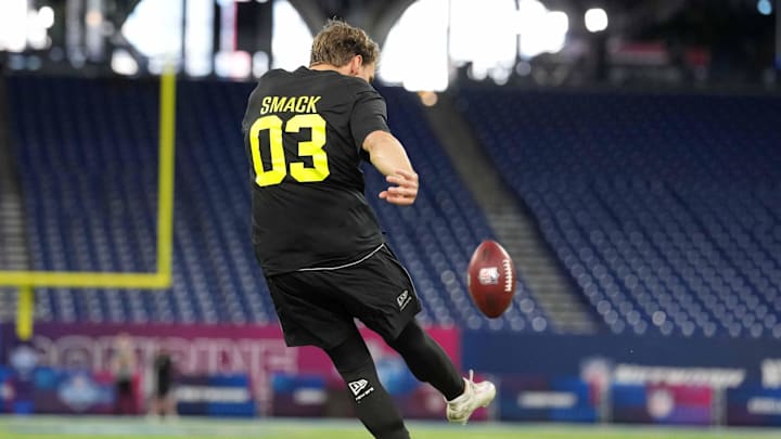 Trey Smack, who the Packers drafted in the sixth round, kicks off at the Scouting Combine.