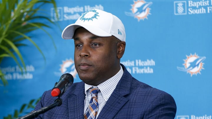 Feb 10, 2022; Miami Gardens, FL, USA; Miami Dolphins Miami general manager Chris Grier speaks during