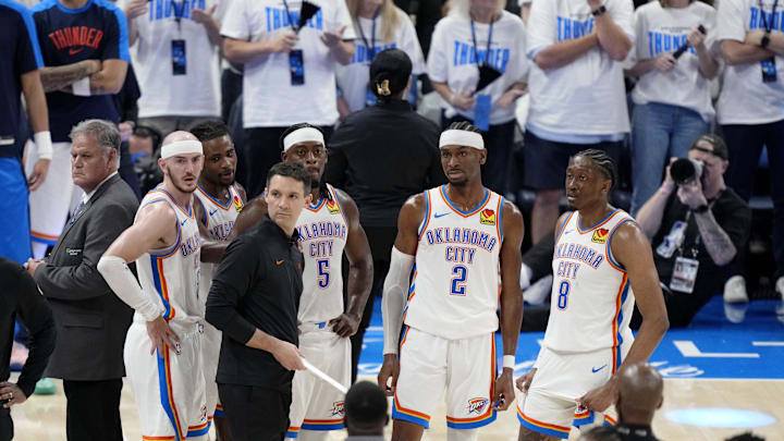 Jun 5, 2025; Oklahoma City, Oklahoma, USA; The Oklahoma City Thunder during a timeout during the fourth quarter in game one of the 2025 NBA Finals against the Indiana Pacers at Paycom Center. Mandatory Credit: Kyle Terada-Imagn Images