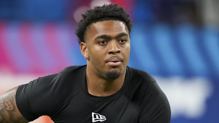Feb 26, 2026; Indianapolis, IN, USA; Auburn defensive lineman Keldric Faulk (DL38) during the NFL Scouting Combine  at Lucas Oil Stadium. Mandatory Credit: Kirby Lee-Imagn Images