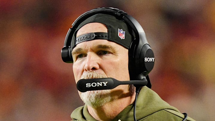 Washington Commanders head coach Dan Quinn reacts during the first half against the Kansas City Chiefs.