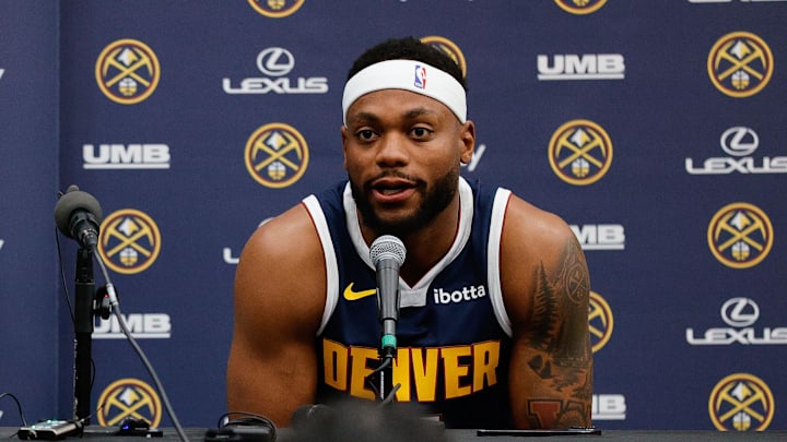 Sep 29, 2025; Denver, CO, USA; Denver Nuggets player Tim Hardaway Jr. (10) and Bruce Brown (11) address the media during media day at Ball Arena. Mandatory Credit: Isaiah J. Downing-Imagn Images