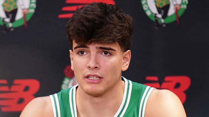 Sep 28, 2026; Boston, MA, USA; Boston Celtics guard Hugo González (28) talks to reporters during media day at Auerbach Center. Mandatory Credit: David Butler II-Imagn Images