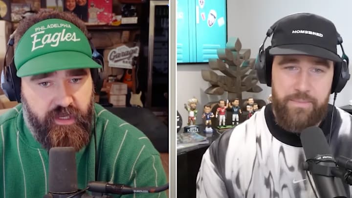 The Kelce brothers during an episode of the podcast New Heights. 