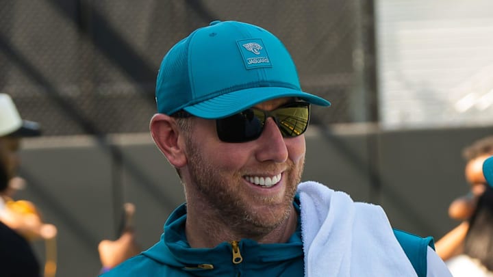 Jacksonville Jaguars head coach Liam Coen, left has a laugh with his dad Tim Coen after practice during an NFL training camp fifth session at the Miller Electric Center, Monday, July 28, 2025, in Jacksonville, Fla. [Doug Engle/Florida Times-Union]