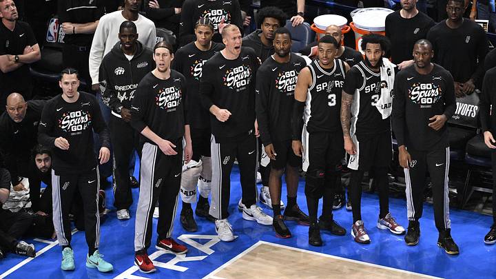 May 30, 2026; Oklahoma City, Oklahoma, USA; The San Antonio Spurs bench looks on in the fourth quarter against the Oklahoma City Thunder during Game 7 of the Western Conference Finals for the 2026 NBA Playoffs at Paycom Center. May 30, 2026; Oklahoma City, Oklahoma, USA; The San Antonio Spurs bench looks on in the fourth quarter against the Oklahoma City Thunder during Game 7 of the Western Conference Finals for the 2026 NBA Playoffs at Paycom Center.