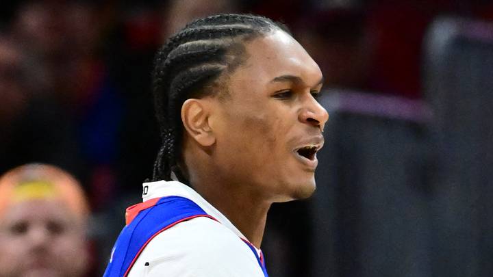 Detroit Pistons guard Ausar Thompson (9) and guard Daniss Jenkins (24) celebrate after a basket against the Cleveland Cavaliers during the second half at Rocket Arena on Jan 4, 2026.
