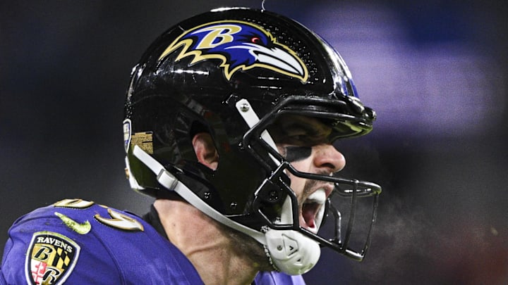Jan 4, 2025; Baltimore, Maryland, USA; Baltimore Ravens tight end Mark Andrews (89) reacts after scoring a touchdown  during the first half against the Cleveland Browns  at M&T Bank Stadium. Mandatory Credit: Tommy Gilligan-Imagn Images