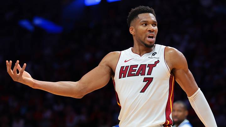 Oct 21, 2026; Miami, Florida, USA; Miami Heat forward Giannis Antetokounmpo (7) reacts against the Minnesota Timberwolves during the fourth quarter at Kaseya Center. Mandatory Credit: Sam Navarro-Imagn Images
