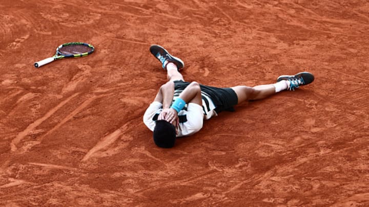 Carlos Alcaraz celebrates after winning the French Open against Jannik Sinner.
