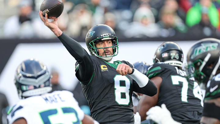 New York Jets quarterback Aaron Rodgers throws the ball during the first half against the Seattle Seahawks at MetLife Stadium. New York Jets quarterback Aaron Rodgers throws the ball during the first half against the Seattle Seahawks at MetLife Stadium.